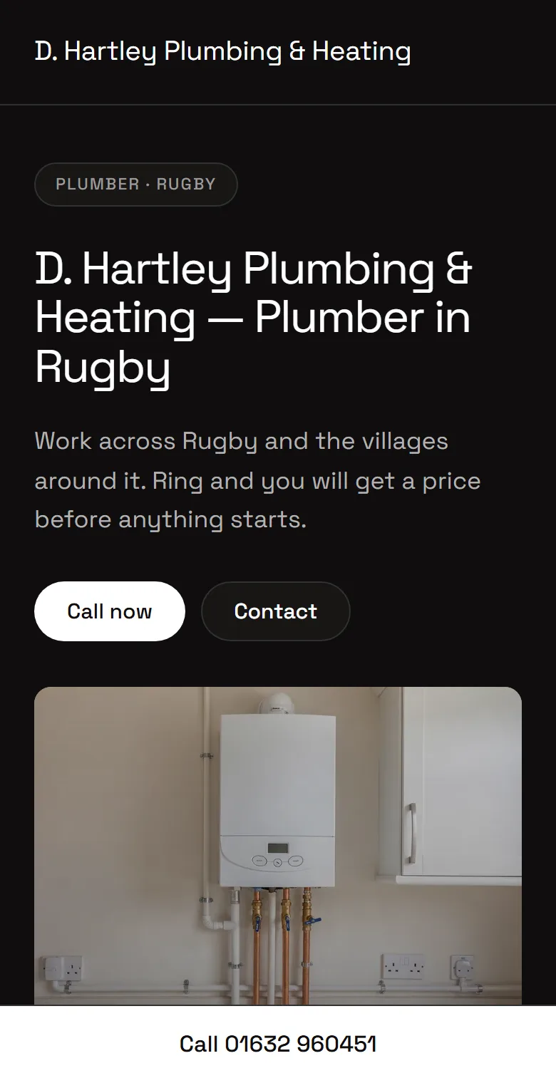 A finished site on a phone: the business name, what they do and where, a photograph of the work, and a call button across the bottom.